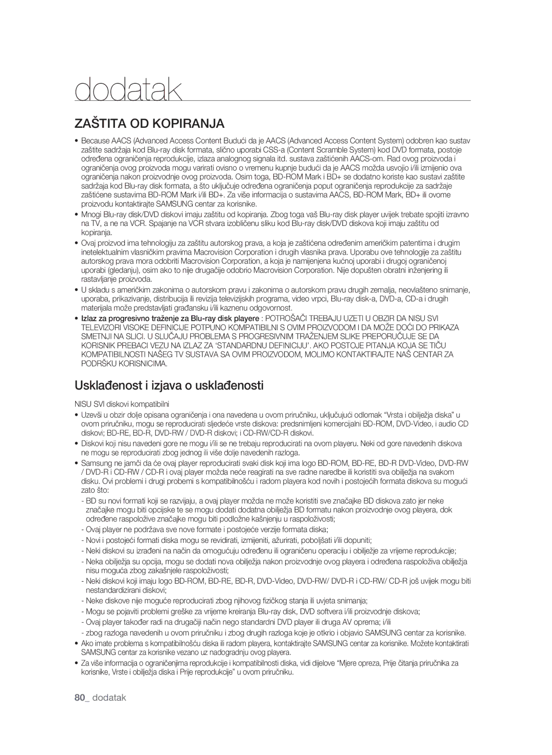 Samsung BD-P1600A/EDC manual Zaštita OD Kopiranja, Usklađenost i izjava o usklađenosti 