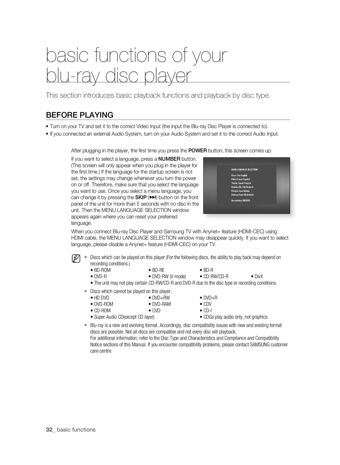 Samsung BD-P1600A/SAM manual BEFOrE PLaYing, Basic functions, Bd-Rom Bd-Re, Cd-Rw/Cd-R 