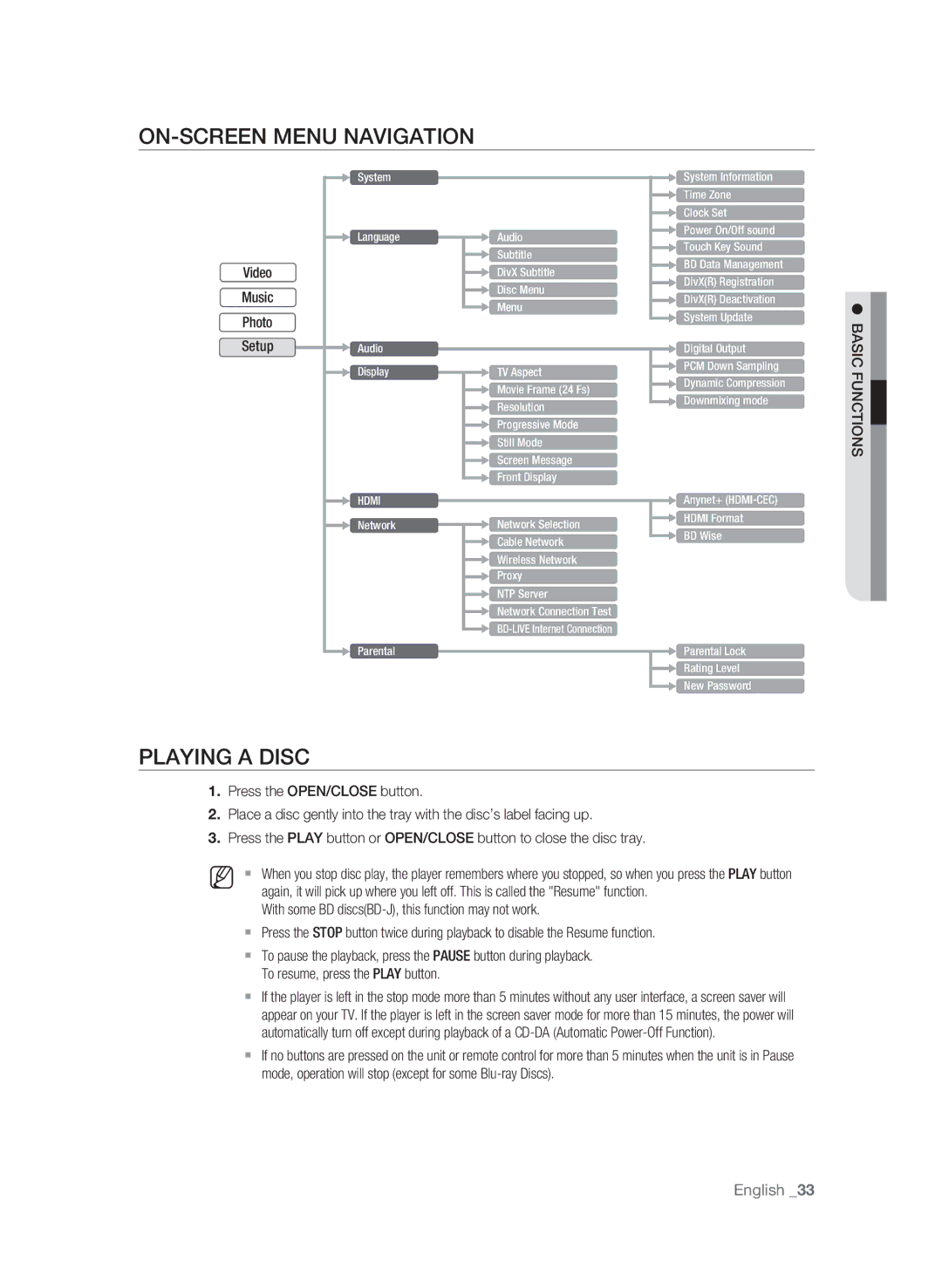 Samsung BD-P1600A/SAM manual On-Screen Menu Navigation, Playing a Disc, SN IO CTN IC Safub 