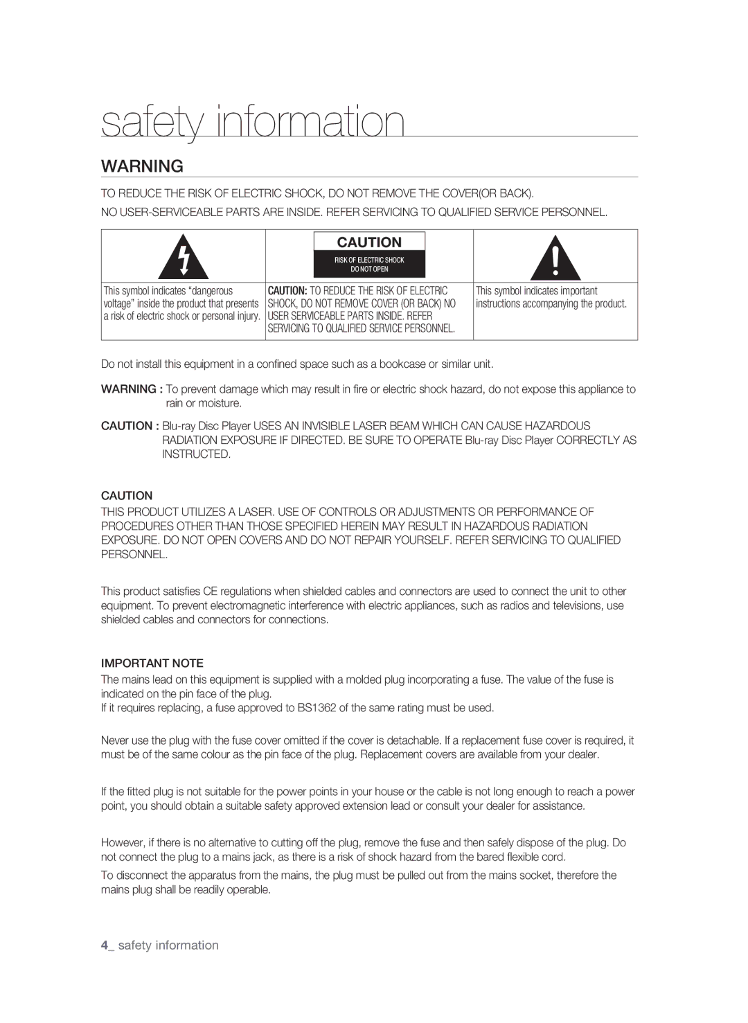 Samsung BD-P1600A/SAM manual Safety information,  safety information, Important Note 