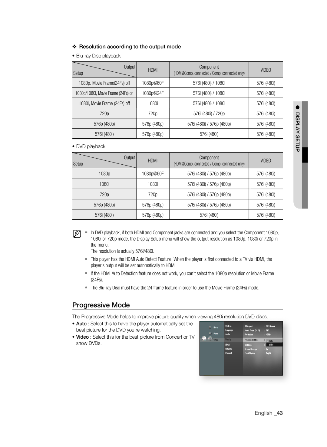 Samsung BD-P1600A/SAM manual Progressive Mode, Resolution according to the output mode, English 3, Show DVDs 