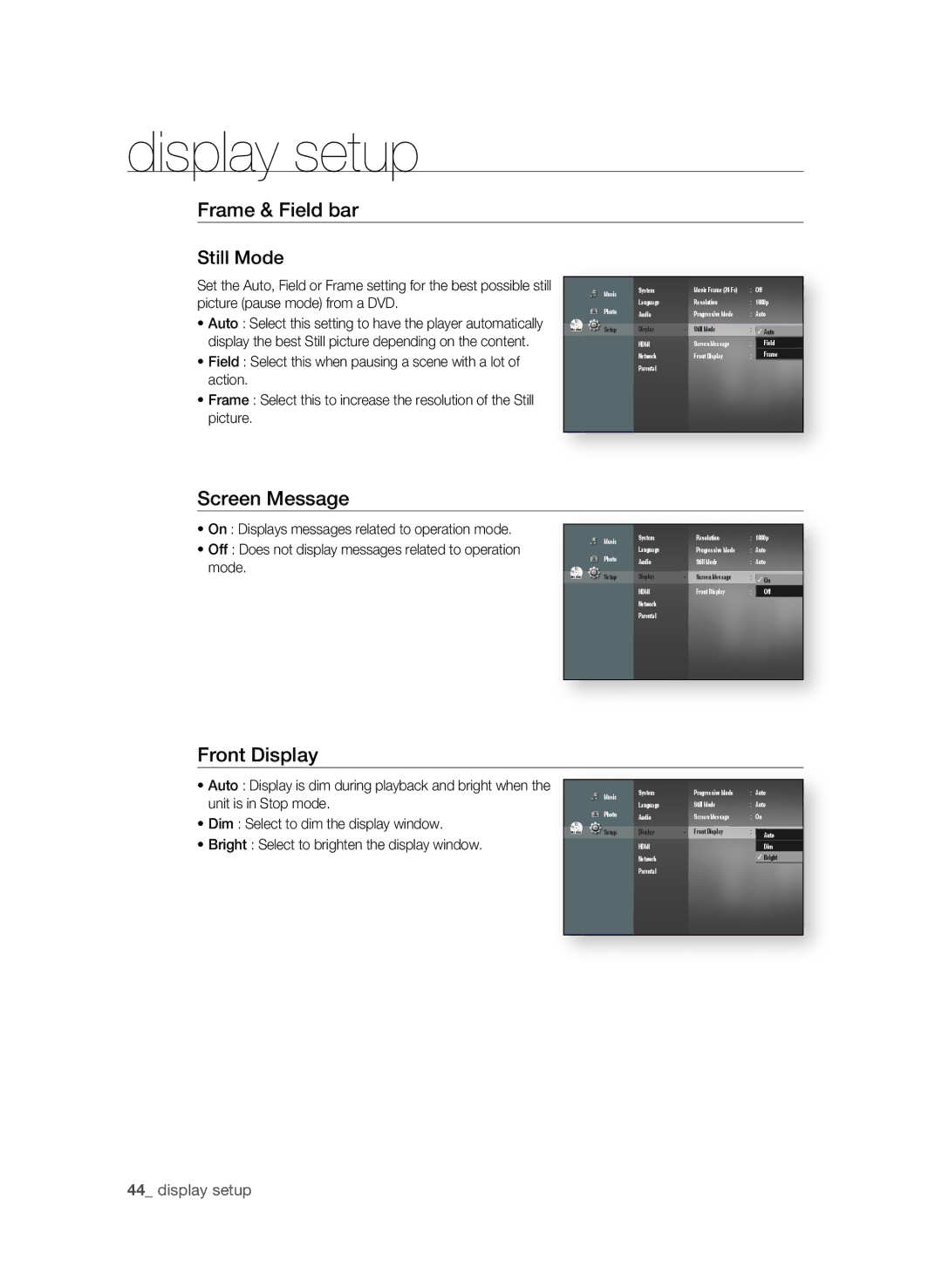 Samsung BD-P1600A/SAM manual Frame & Field bar Still Mode, Screen Message, Front Display,  display setup 