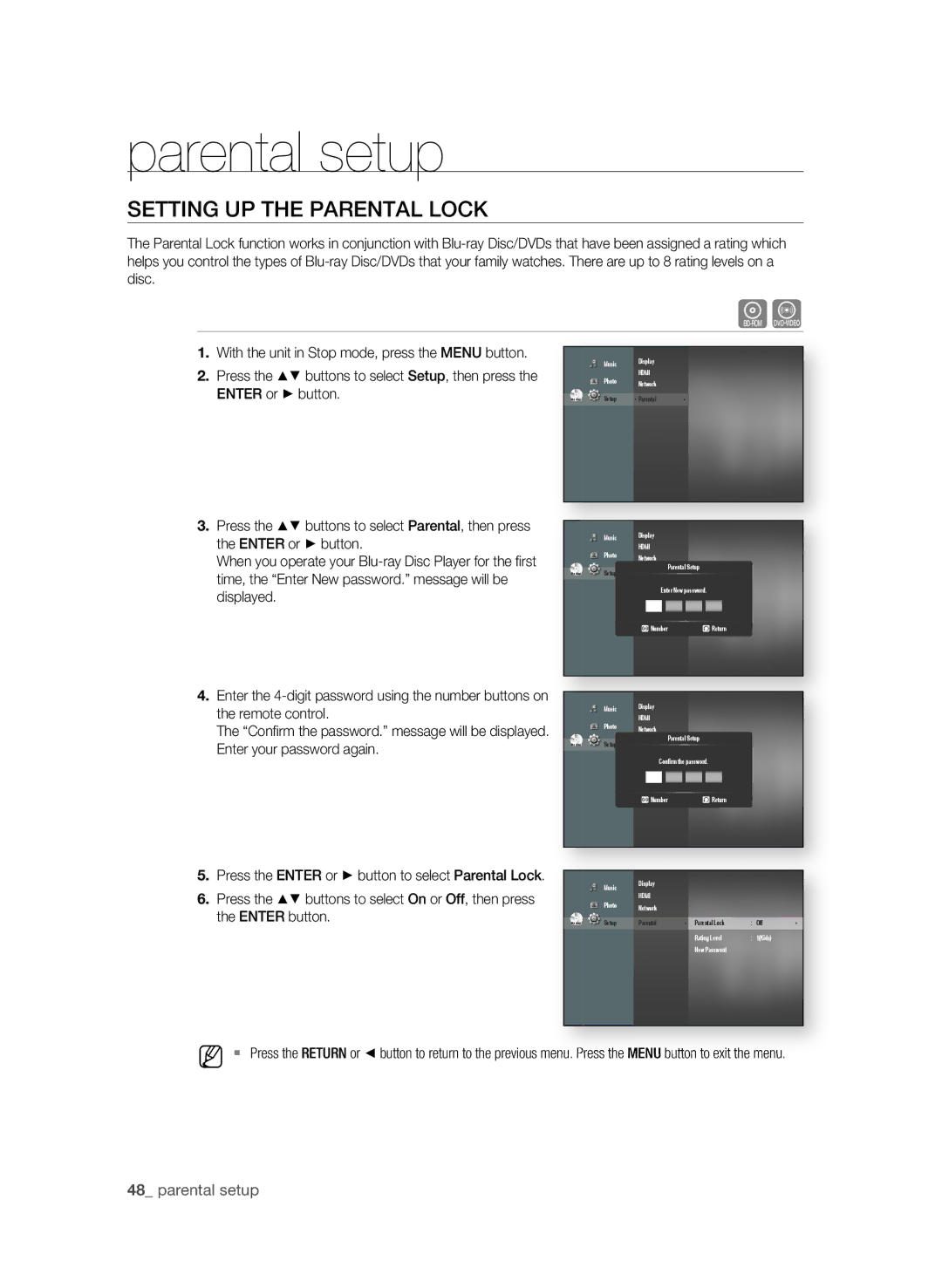 Samsung BD-P1600A/SAM manual Parental setup, SETTing UP the ParEnTaL Lock,  parental setup, EnTEr button 