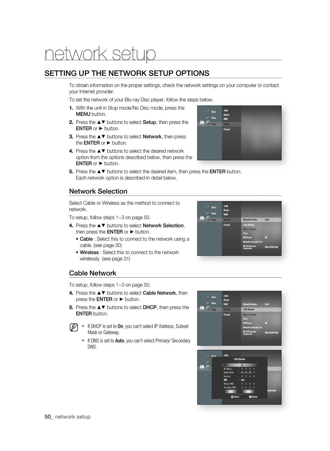 Samsung BD-P1600A/SAM manual Network setup, SETTing UP the nETWOrK Setup OPTiOnS, Network Selection, 0 network setup 