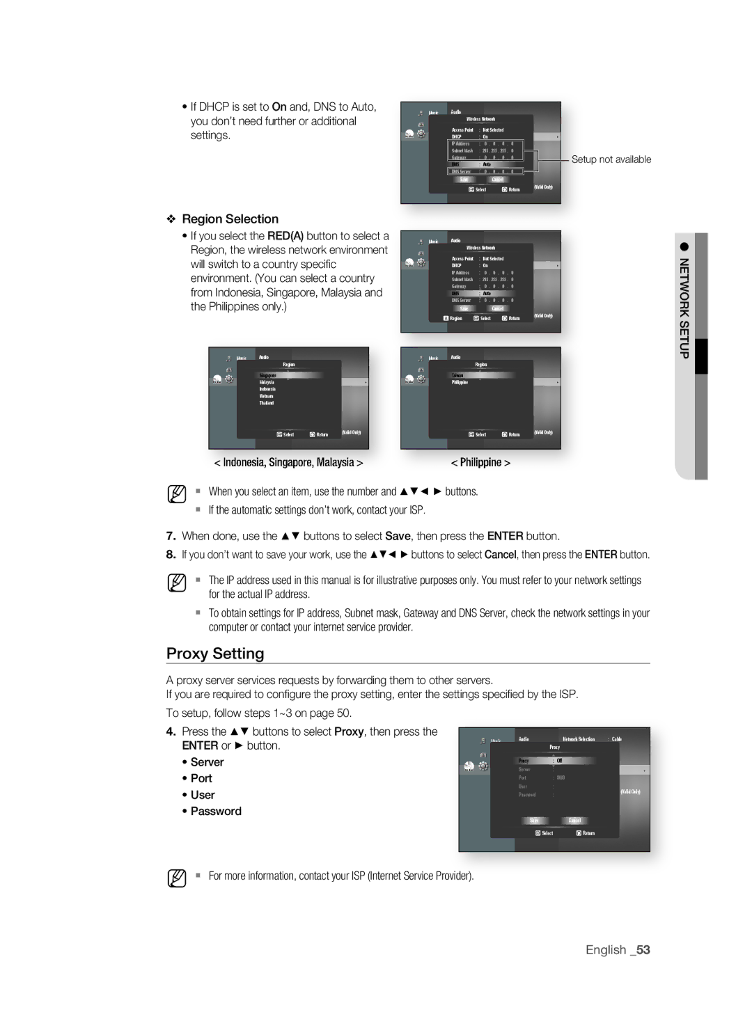 Samsung BD-P1600A/SAM manual Proxy Setting, Region Selection 