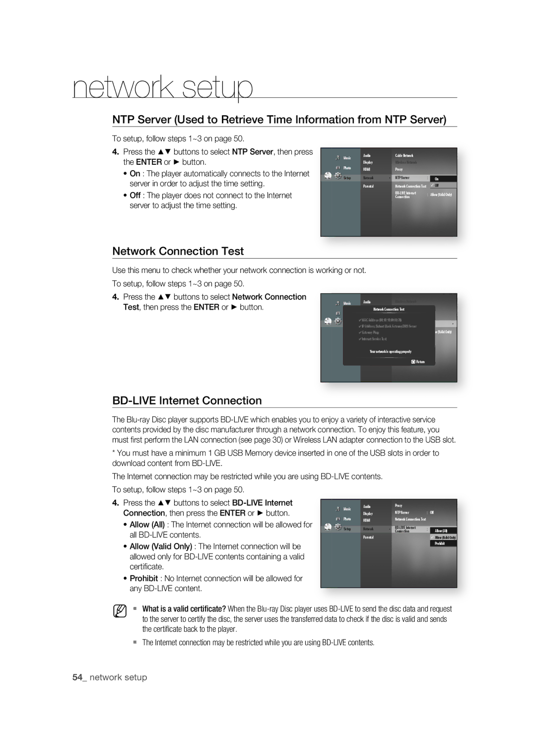 Samsung BD-P1600A/SAM manual Network Connection Test, BD-LiVE internet Connection,  network setup 