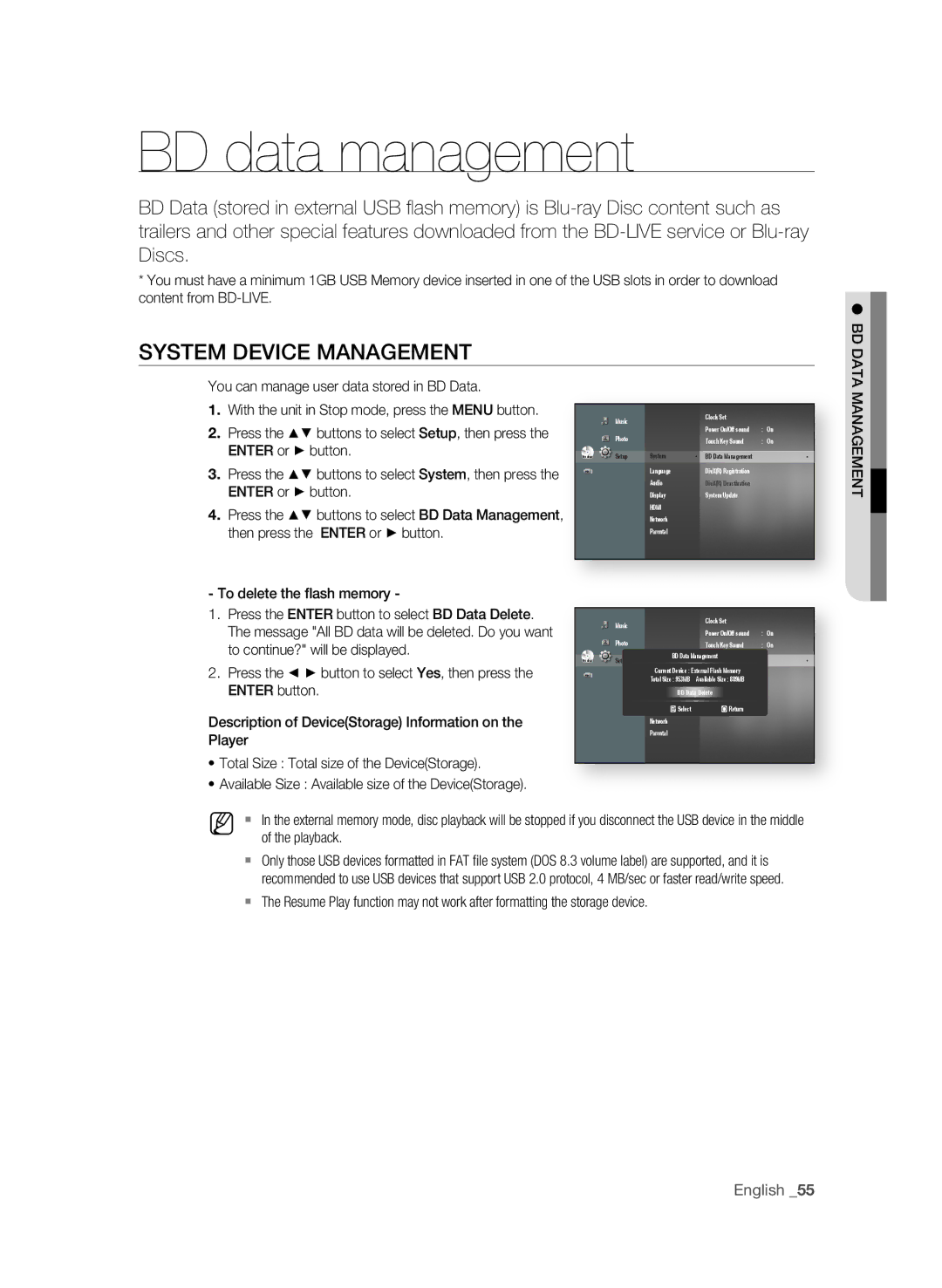 Samsung BD-P1600A/SAM manual BD data management, System DEViCE ManagEMEnT 