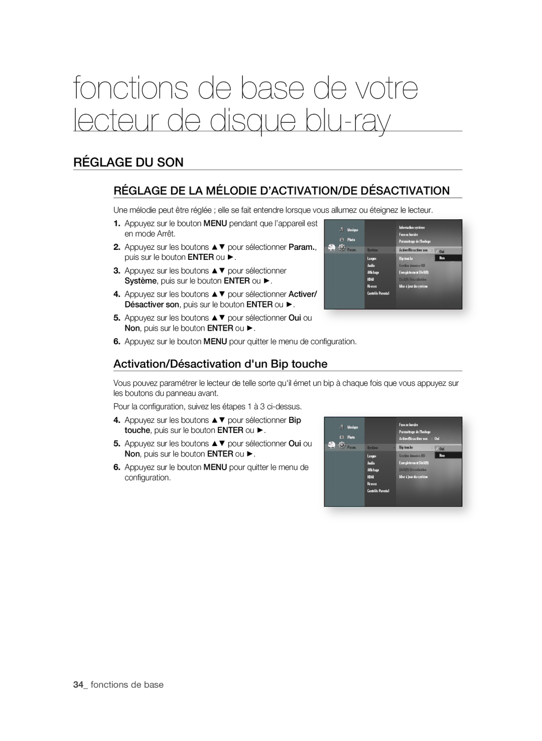 Samsung BD-P1600A/MEA manual RégLAge DU Son, RégLAge De LA MéLoDie D’ACtiVAtion/De DéSACtiVAtion,  fonctions de base 