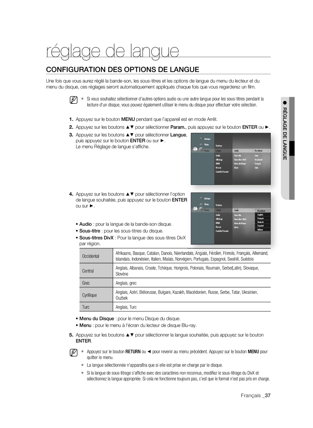 Samsung BD-P1600A/MEA, BD-P1600A/UMG, BD-P1600A/HAC Réglage de langue, ConfigURAtion DeS oPtionS De LAngUe, Français 3 