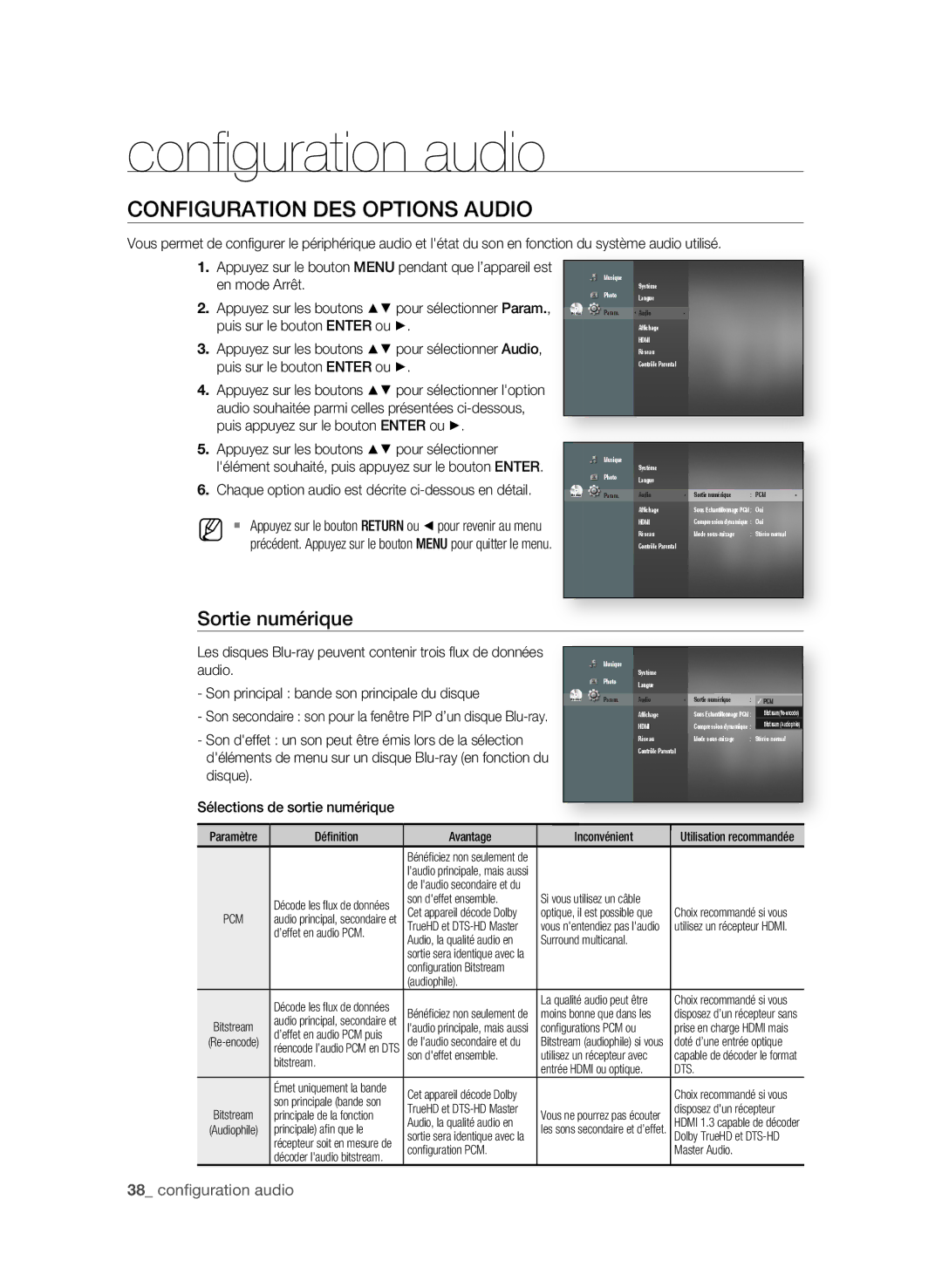 Samsung BD-P1600A/UMG manual Conﬁ guration audio, ConfigURAtion DeS oPtionS AUDio, Sortie numérique,  confi guration audio 