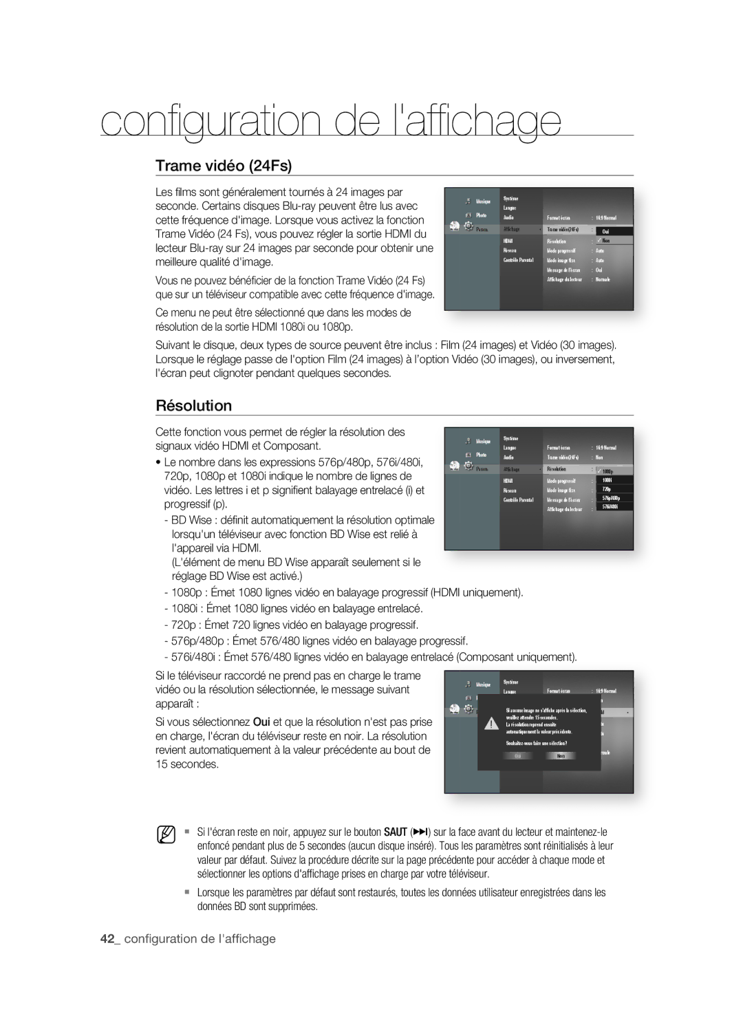 Samsung BD-P1600A/HAC manual Trame vidéo 24fs, Résolution, 2 confi guration de laffi chage, Meilleure qualité dimage 