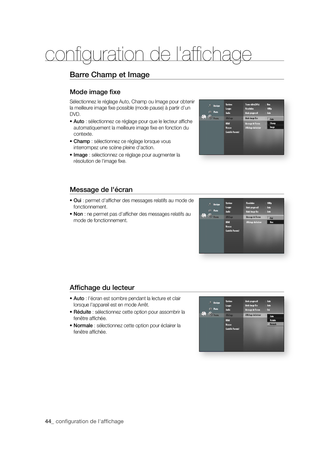 Samsung BD-P1600A/UMG, BD-P1600A/HAC manual Barre Champ et image, Mode image fixe, Message de lécran, Affichage du lecteur 