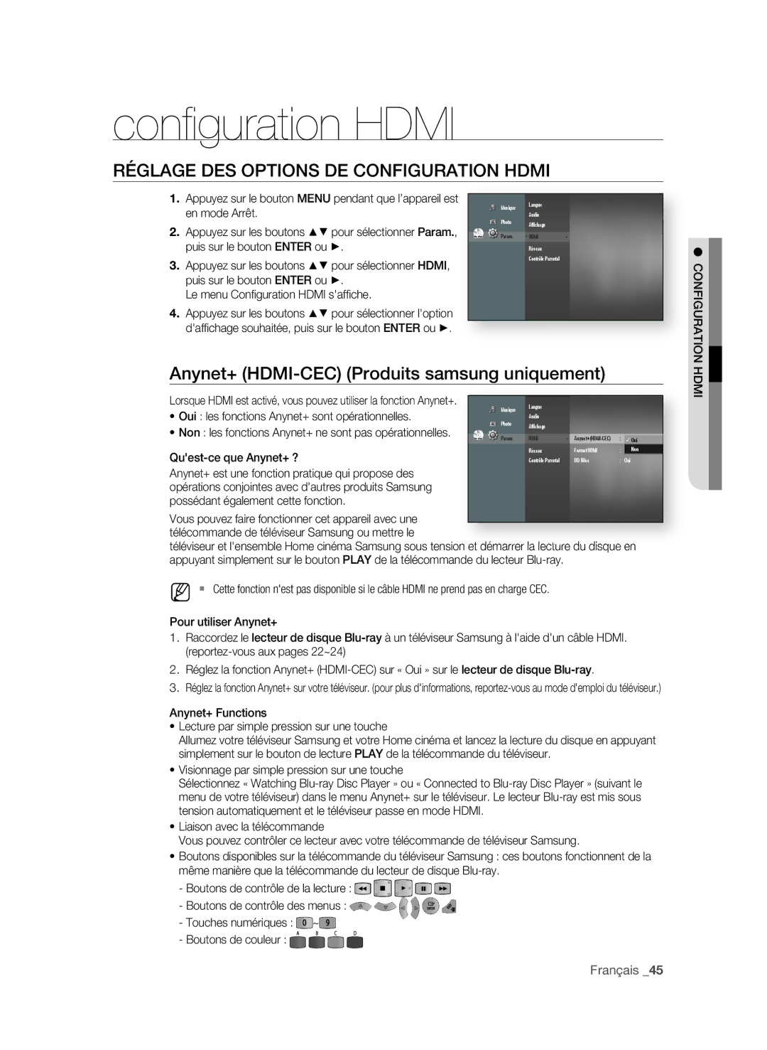 Samsung BD-P1600A/HAC, BD-P1600A/UMG manual Conﬁ guration Hdmi, RégLAge DeS oPtionS De ConfigURAtion hDMi, Français  