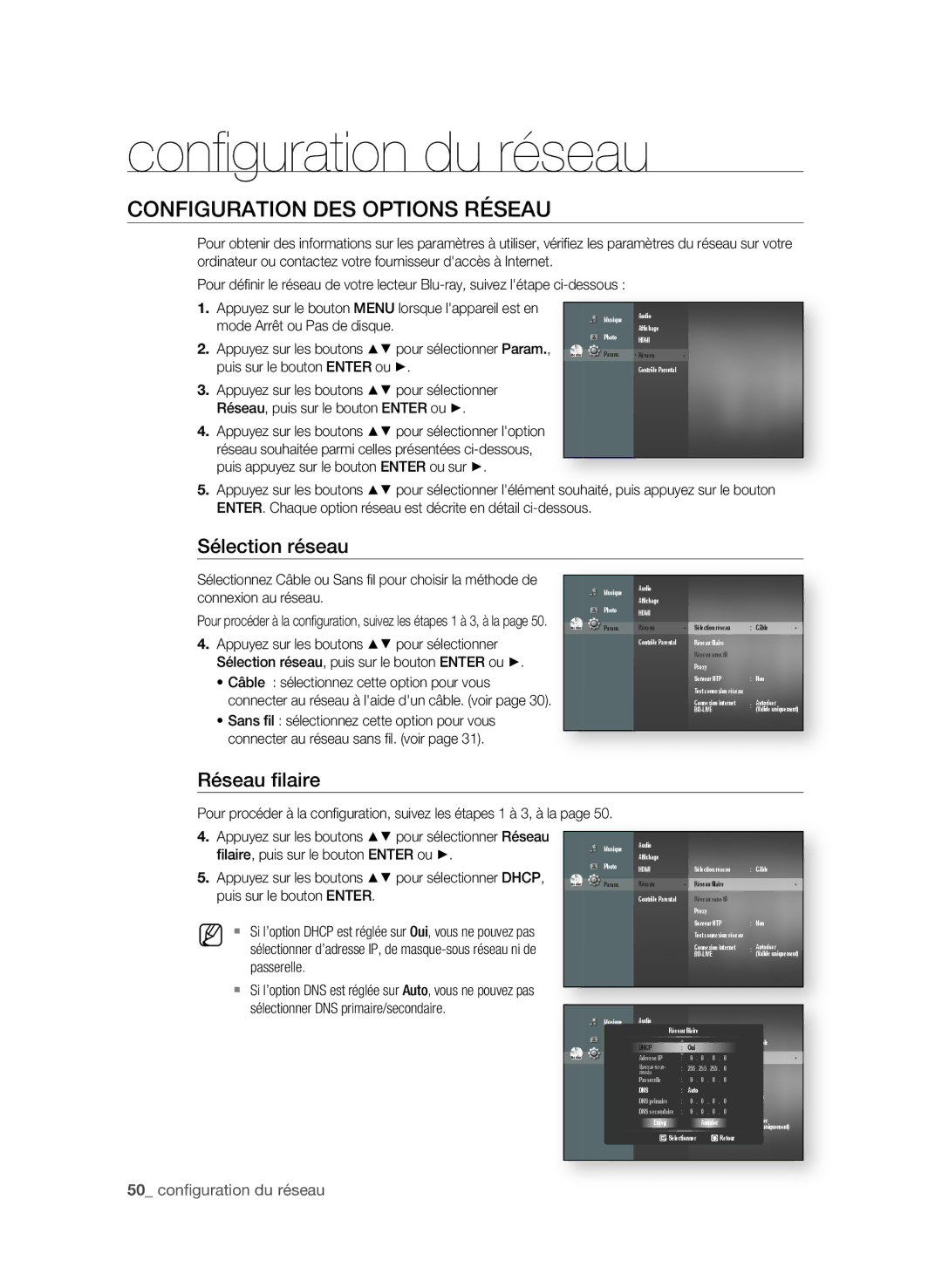 Samsung BD-P1600A/UMG manual Conﬁ guration du réseau, ConfigURAtion DeS oPtionS RéSeAU, Sélection réseau, Réseau filaire 