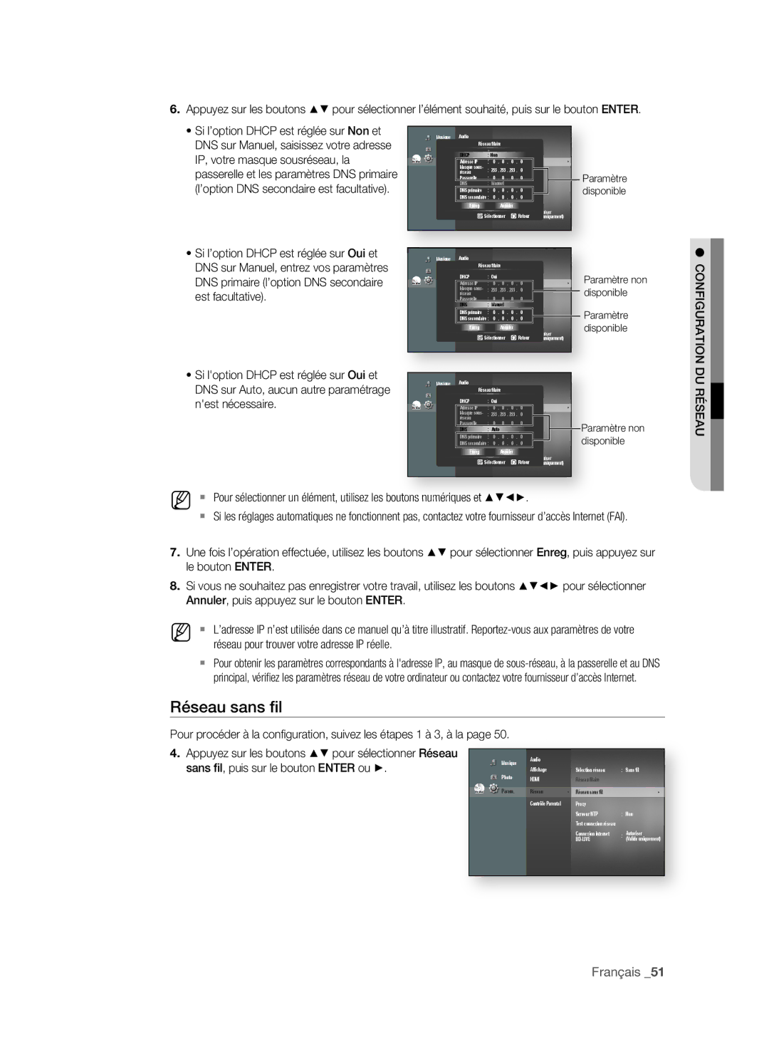 Samsung BD-P1600A/HAC manual Réseau sans fil, Si l’option Dhcp est réglée sur non et, IP, votre masque sousréseau, la 