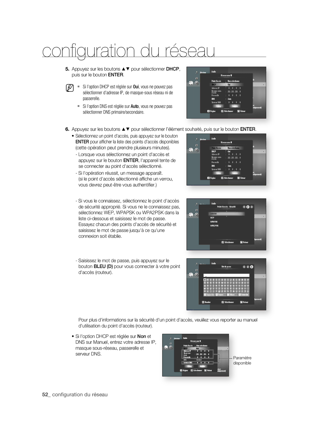 Samsung BD-P1600A/MEA, BD-P1600A/UMG, BD-P1600A/HAC manual 2 confi guration du réseau, Puis sur le bouton enteR, Passerelle 