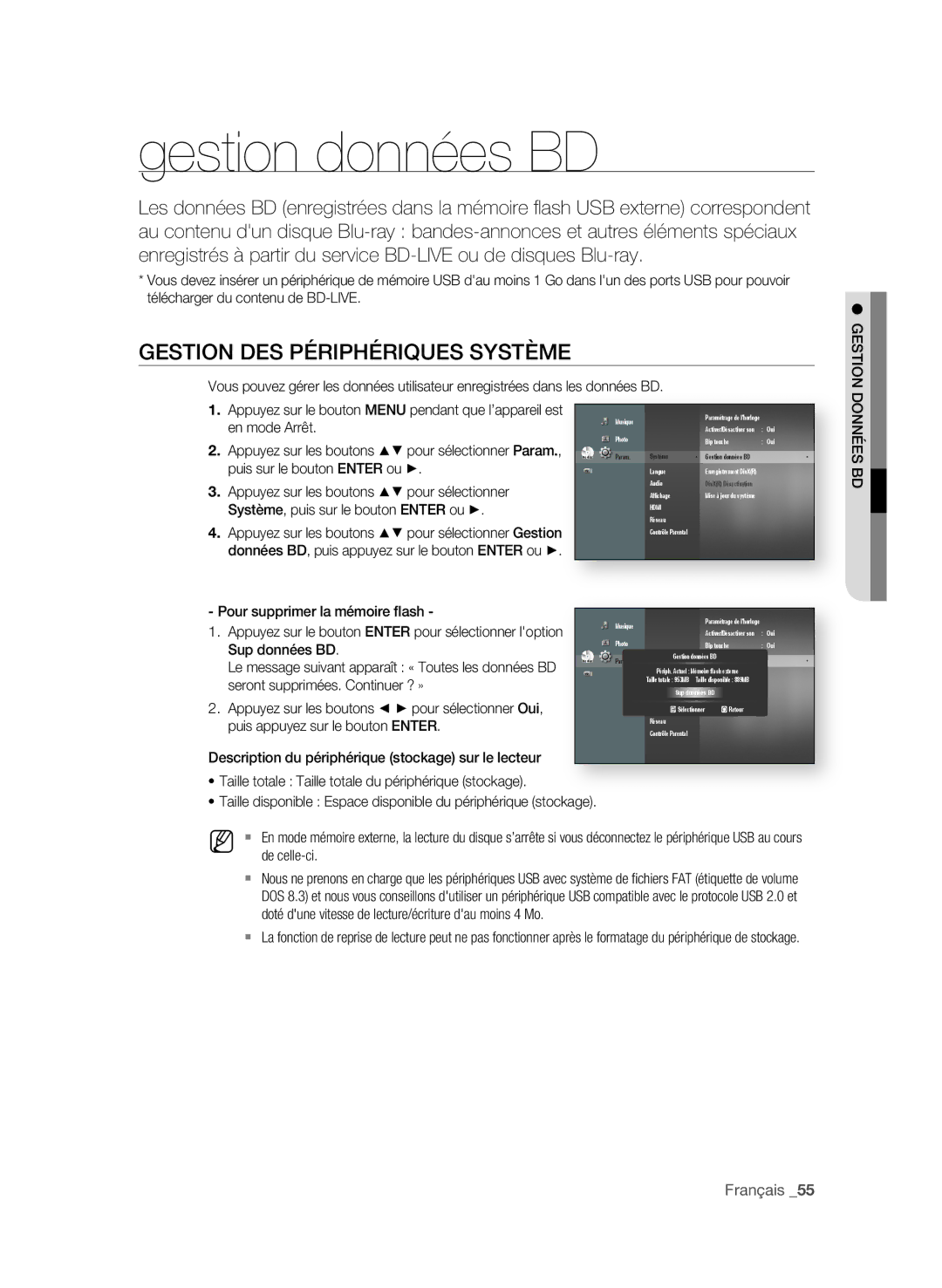 Samsung BD-P1600A/MEA, BD-P1600A/UMG, BD-P1600A/HAC manual Gestion données BD, GeStion DeS PéRiPhéRiQUeS SYStÈMe 