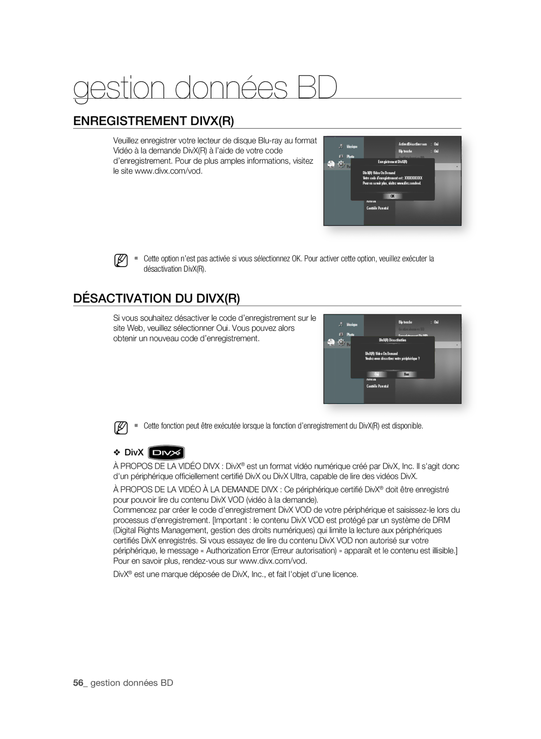 Samsung BD-P1600A/UMG manual EnRegiStReMent DiVXR, DéSACtiVAtion DU DiVXR,  gestion données BD, Désactivation DivXR 