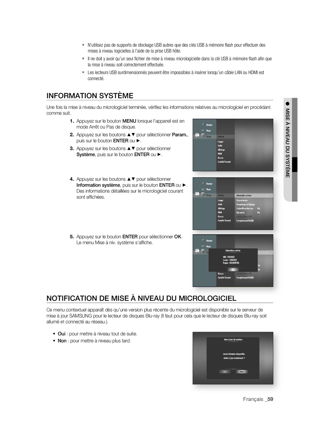 Samsung BD-P1600A/UMG, BD-P1600A/HAC manual InfoRMAtion SYStÈMe, NotifiCAtion De MiSe à niVeAU DU Mi, NiVeAU DU SYStÈMe 