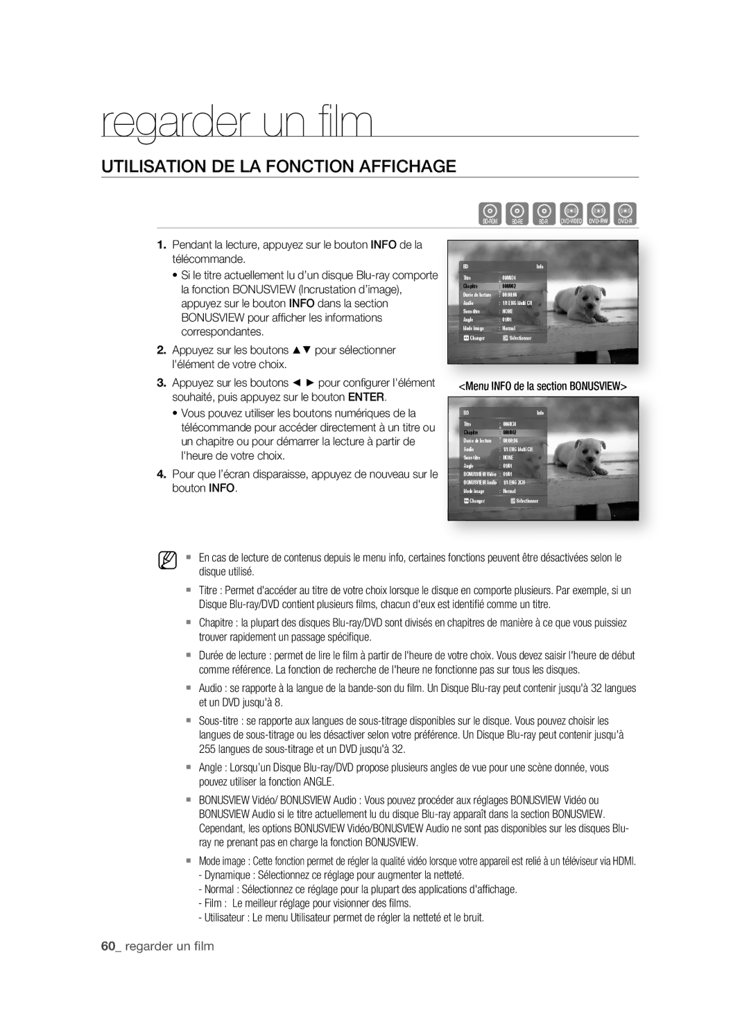 Samsung BD-P1600A/HAC, BD-P1600A/UMG manual Regarder un ﬁ lm, UtiLiSAtion De LA fonCtion AffiChAge, 0 regarder un fi lm 