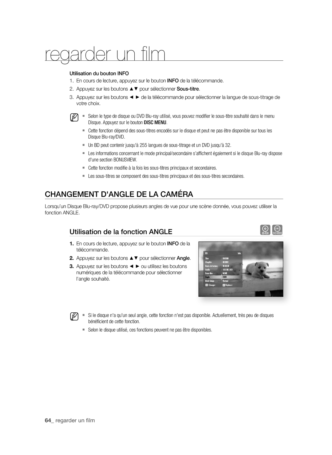 Samsung BD-P1600A/MEA manual ChAngeMent DAngLe De LA CAMéRA, Utilisation de la fonction AngLe,  regarder un fi lm 