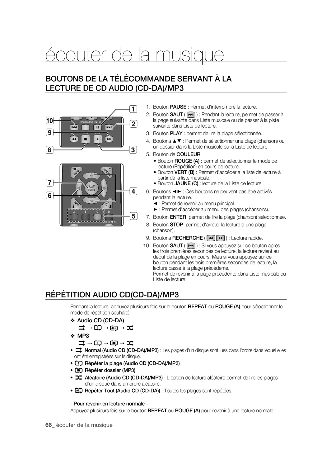 Samsung BD-P1600A/HAC, BD-P1600A/UMG, BD-P1600A/MEA manual Écouter de la musique, 66 écouter de la musique 