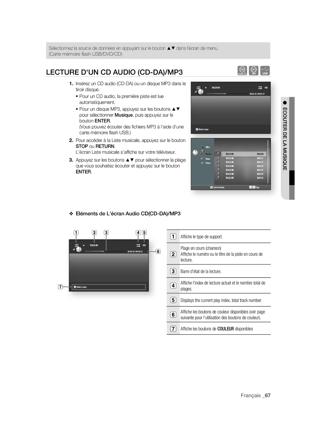 Samsung BD-P1600A/MEA, BD-P1600A/UMG, BD-P1600A/HAC LeCtURe DUn CD AUDio CD-DA/MP3, Eléments de Lécran Audio CDCD-DA/MP3 