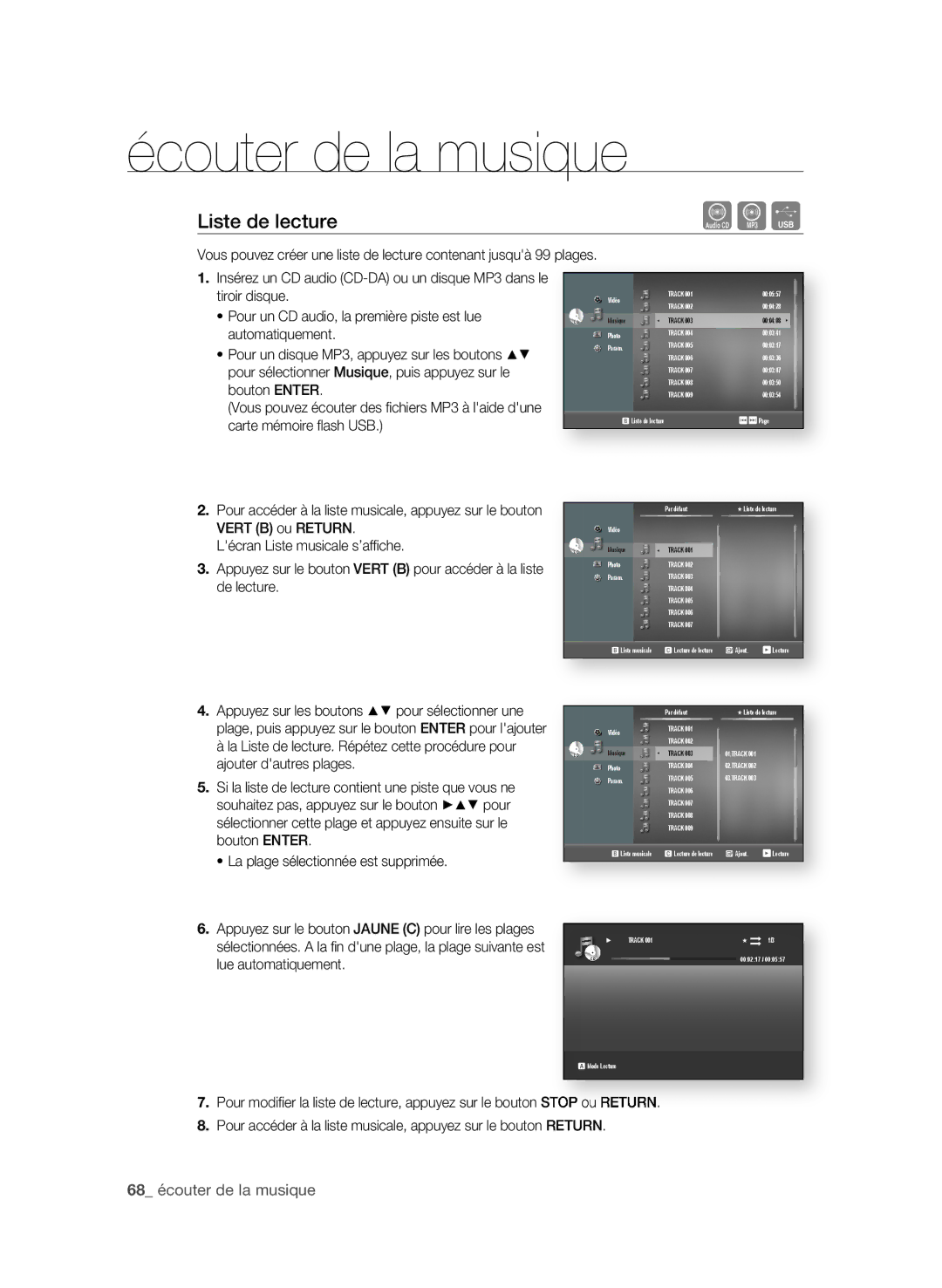 Samsung BD-P1600A/UMG, BD-P1600A/HAC, BD-P1600A/MEA manual Liste de lecture,  écouter de la musique 