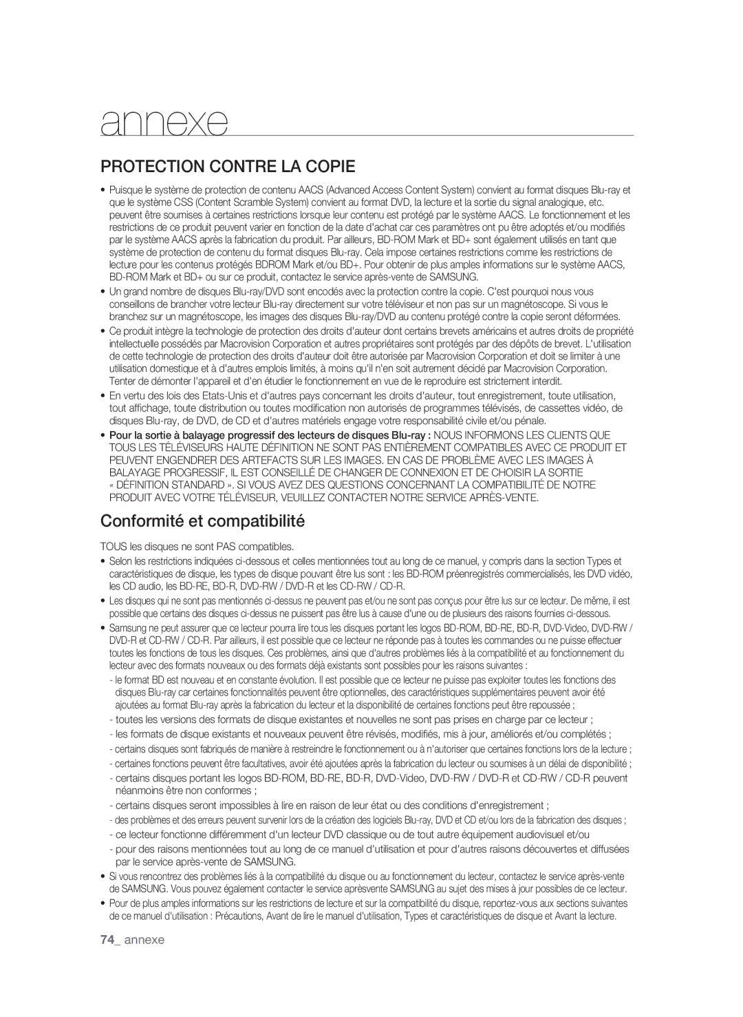 Samsung BD-P1600A/UMG, BD-P1600A/HAC, BD-P1600A/MEA manual Protection Contre LA Copie, Conformité et compatibilité 