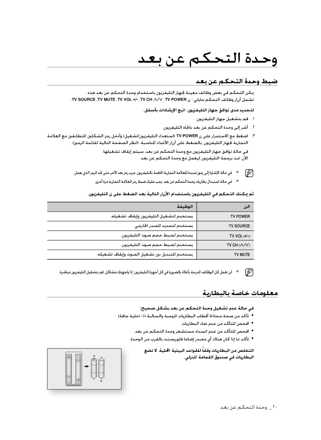 Samsung BD-P1600A/HAC, BD-P1600A/UMG, BD-P1600A/MEA manual دعب نع مكحتلا ةدحو طبض, ةيراطبلاب ةصاخ تامولعم, ةفيظولا 