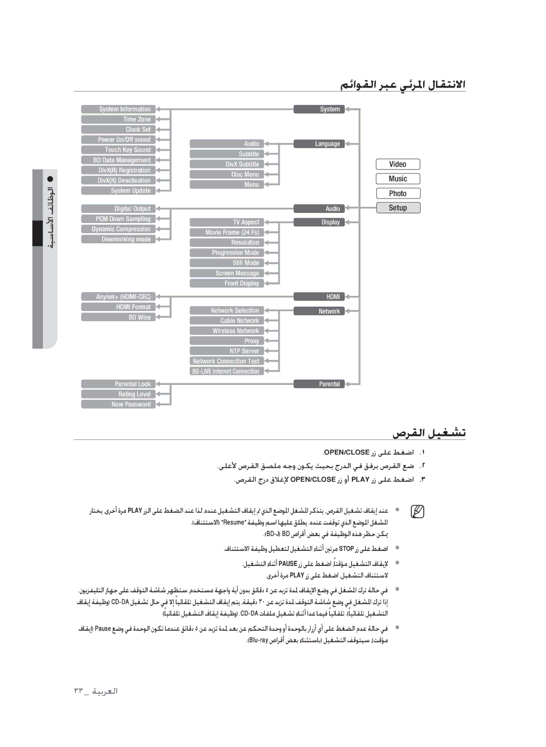 Samsung BD-P1600A/MEA manual مئاوقلا ربع يئرلما لاقتنلاا, صرقلا ليغشت, Blu-ray صارقأ ضعب ءانثتساب ليغشتلا فقوتيس ،تقؤم 