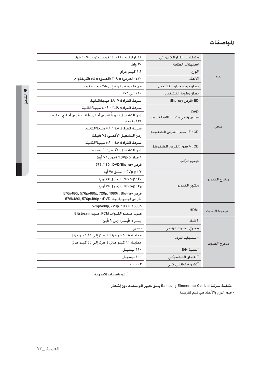 Samsung BD-P1600A/UMG manual تافصاولما, ةيناثلا/اجيم 5.6 4.8 ةءارقلا ةعرس, توصلا /ويديفلا, ماع, طوغضلما صرقلا مس 12 CD 