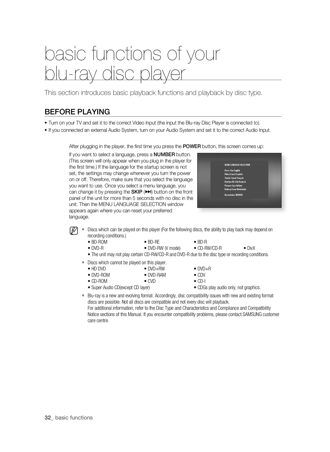 Samsung BD-P1600A/MEA, BD-P1600A/UMG, BD-P1600A/HAC manual BEFOrE PLaYing, Basic functions, Bd-Rom Bd-Re, Cd-Rw/Cd-R 