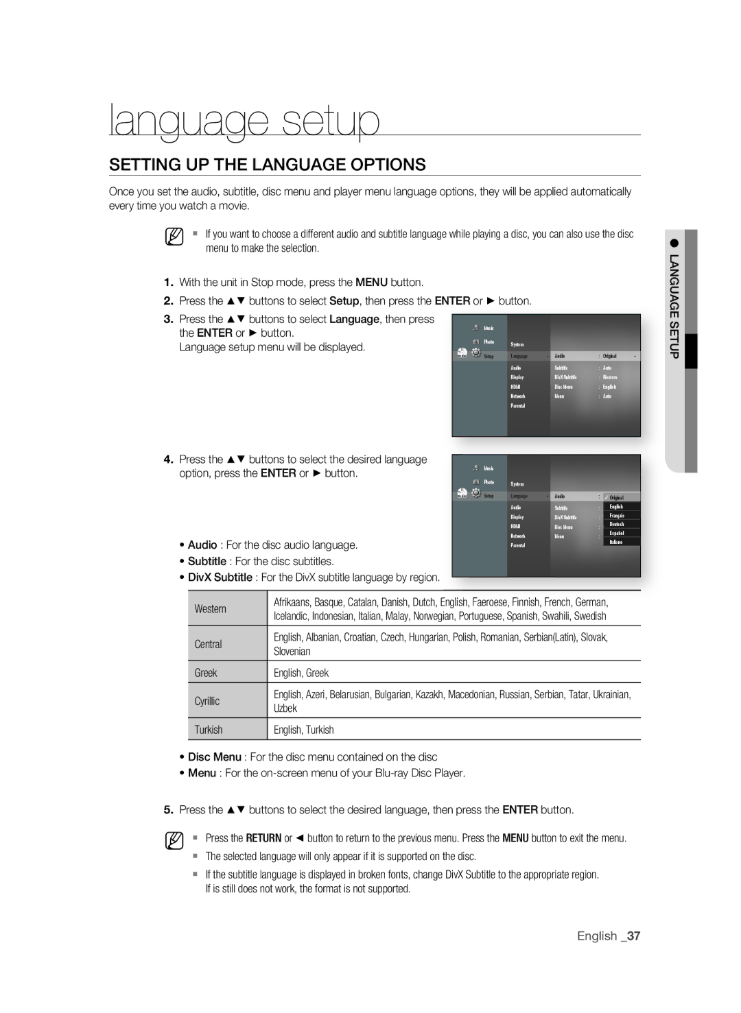 Samsung BD-P1600A/HAC, BD-P1600A/UMG, BD-P1600A/MEA manual Language setup, SETTing UP the LangUagE OPTiOnS, English 3 