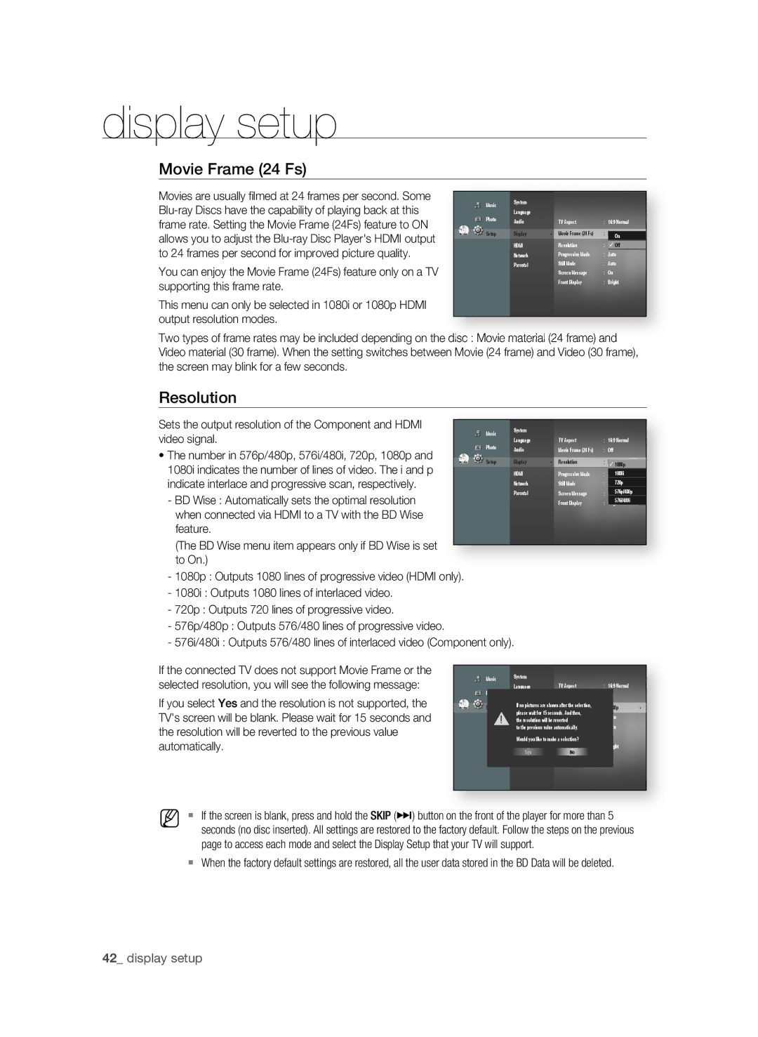 Samsung BD-P1600A/UMG, BD-P1600A/HAC, BD-P1600A/MEA manual Movie Frame 24 Fs, Resolution, 2 display setup 