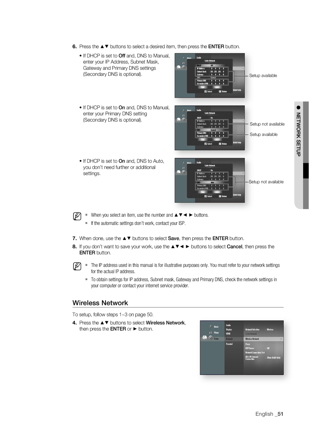 Samsung BD-P1600A/UMG, BD-P1600A/HAC manual Wireless network, Enter your Primary DNS setting, Secondary DNS is optional 