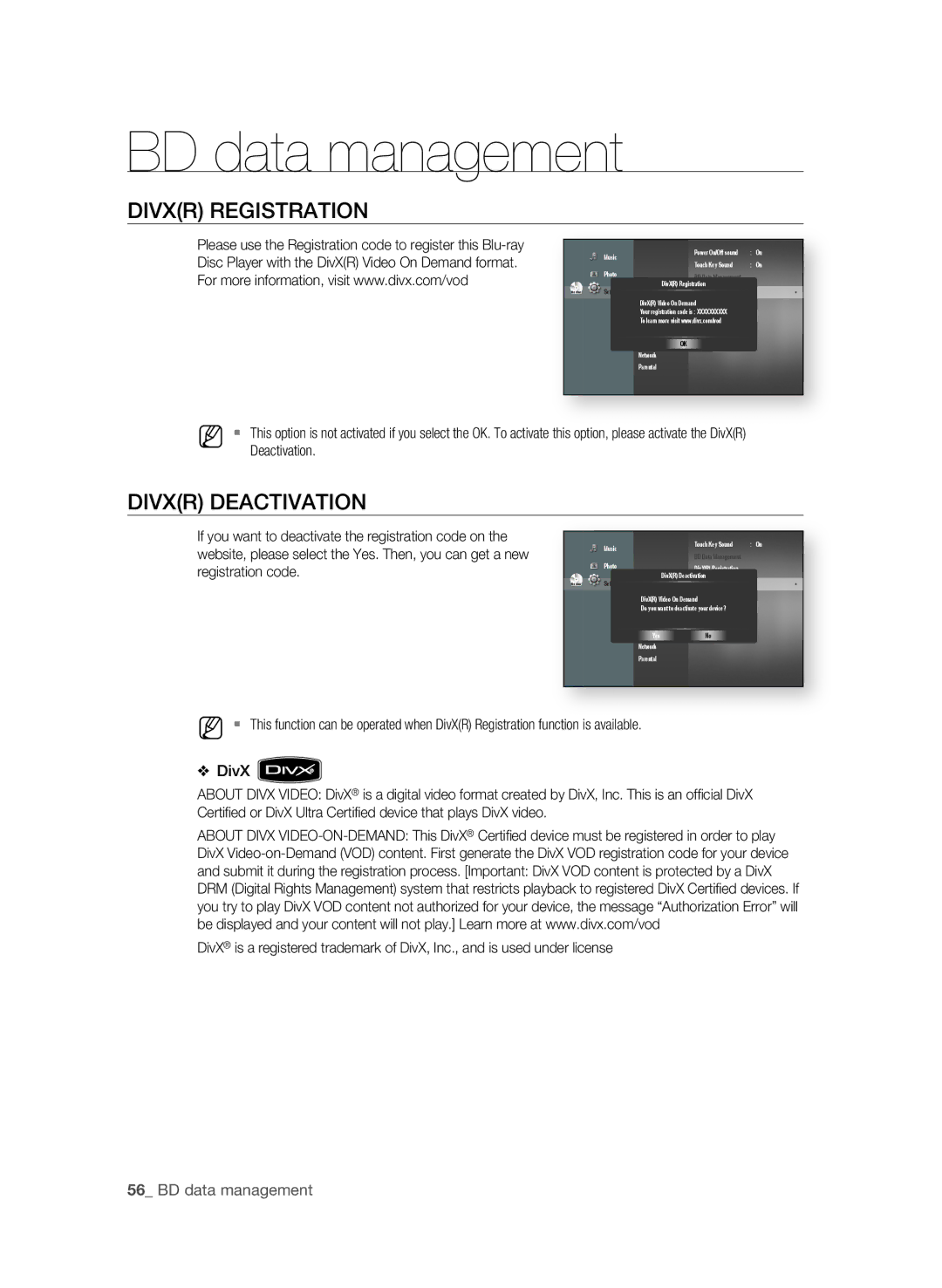 Samsung BD-P1600A/MEA, BD-P1600A/UMG manual DiVXr rEgiSTraTiOn, DiVXr DEaCTiVaTiOn,  BD data management, Deactivation 