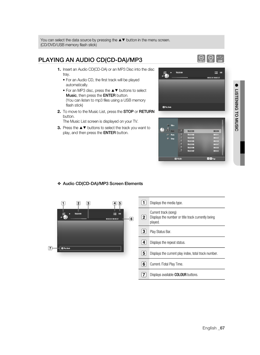 Samsung BD-P1600A/HAC, BD-P1600A/UMG PLaYing an aUDiO CDCD-Da/MP3, Audio CDCD-Da/MP3 Screen Elements, LiSTEning to MUSiC 