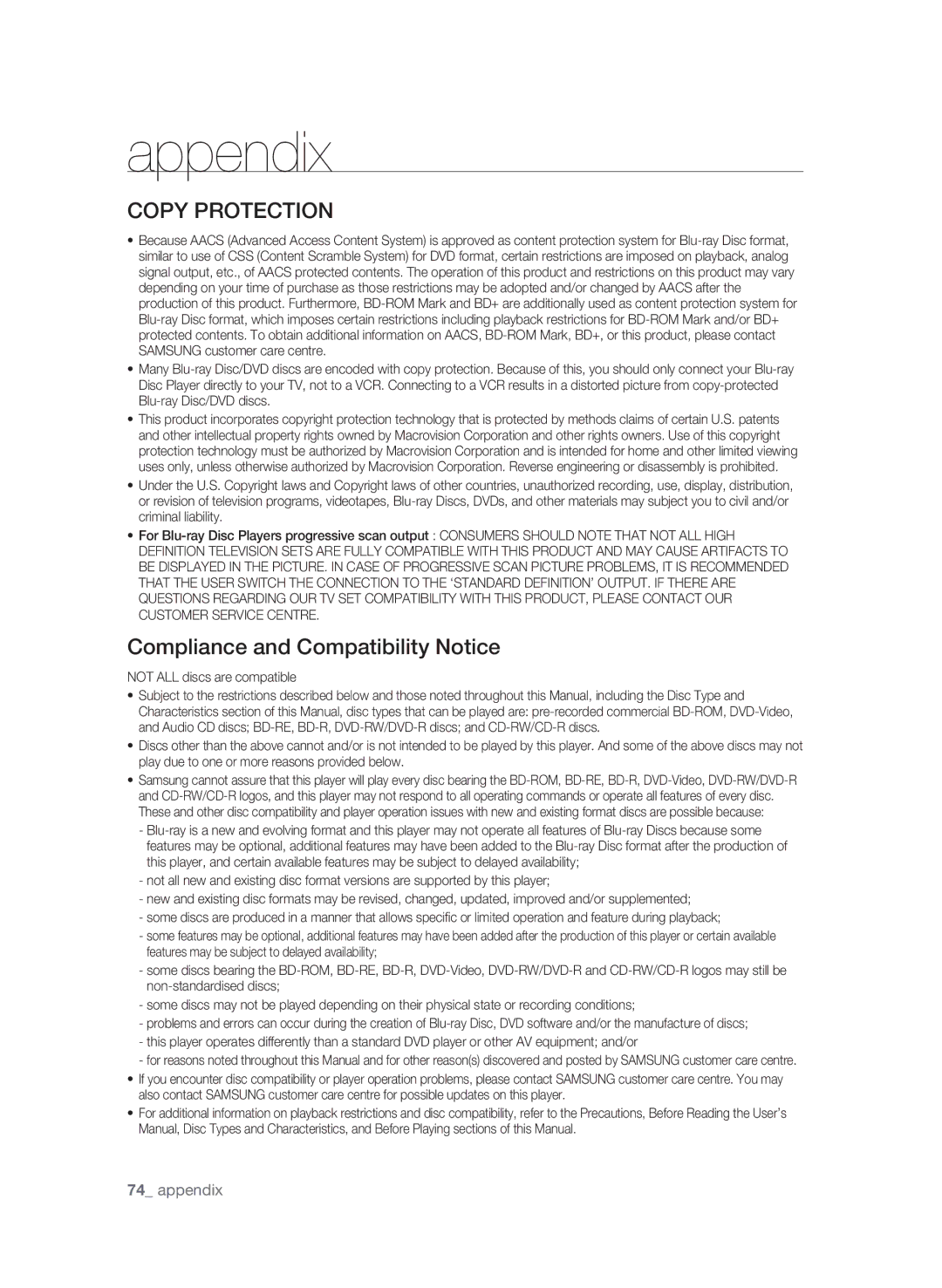 Samsung BD-P1600A/MEA, BD-P1600A/UMG, BD-P1600A/HAC manual Copy Protection, Compliance and Compatibility Notice 