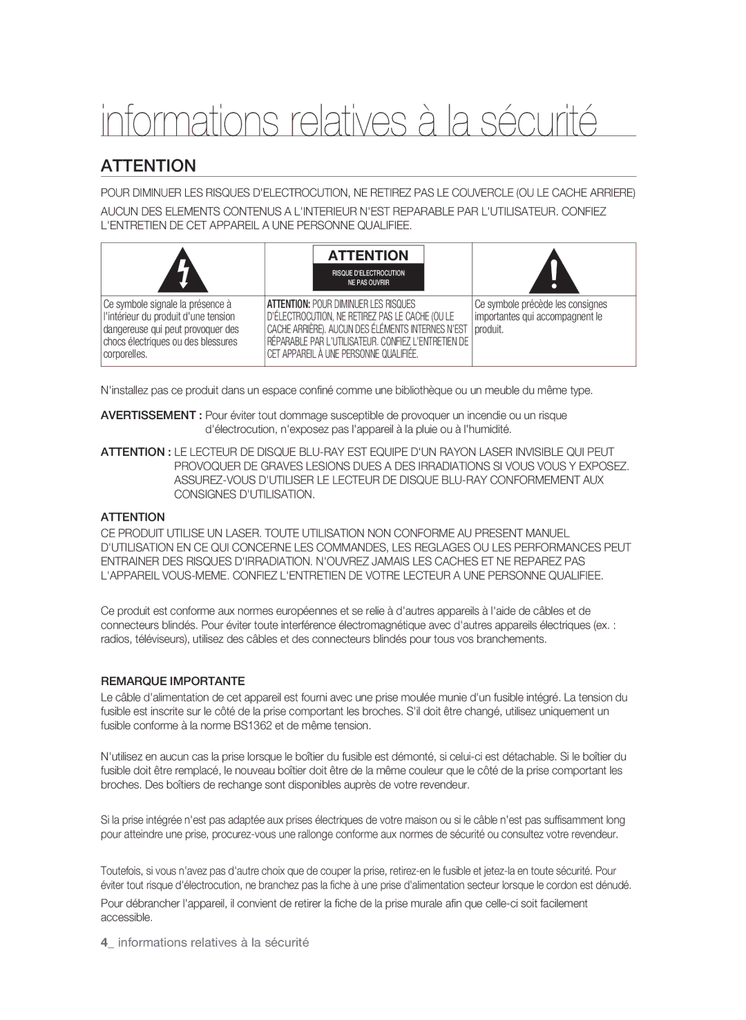 Samsung BD-P1600A/MEA, BD-P1600A/UMG  informations relatives à la sécurité, Produit, Corporelles, Remarque Importante 