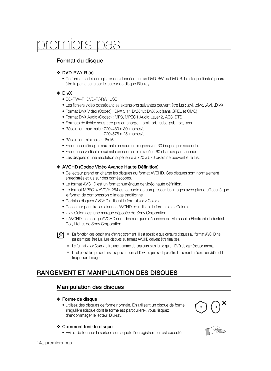 Samsung BD-P1600A/UMG, BD-P1600A/HAC Rangement et manipulation des disques, Format du disque, Manipulation des disques 