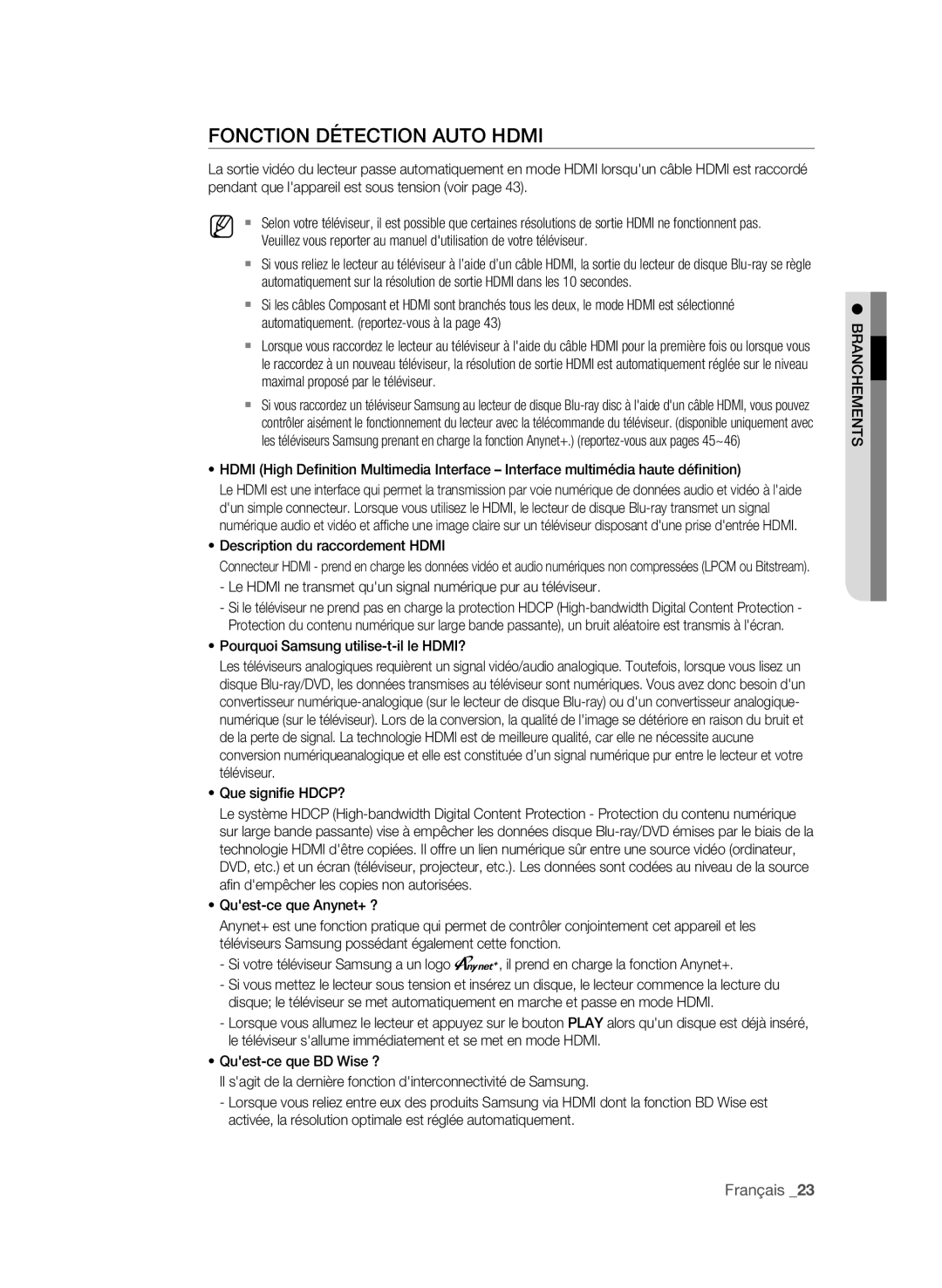 Samsung BD-P1650A/XEF manual Description du raccordement Hdmi, Le Hdmi ne transmet quun signal numérique pur au téléviseur 