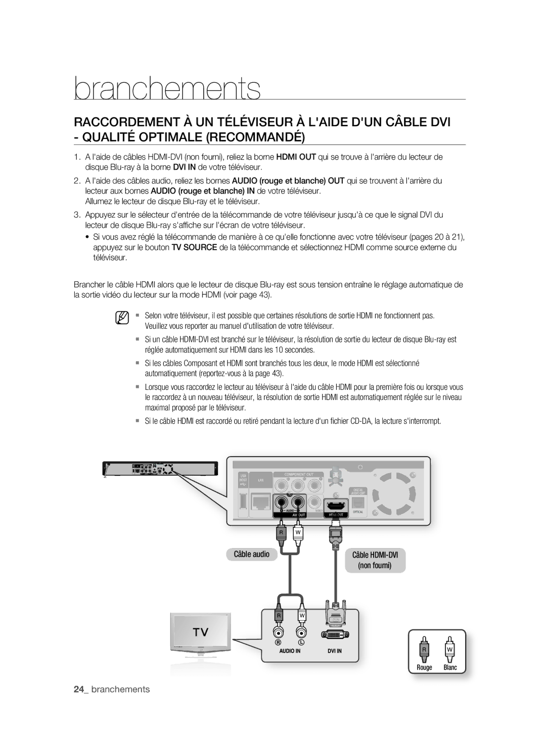 Samsung BD-P1600A/XEF, BD-P1650A/XEF  branchements, Réglée automatiquement sur Hdmi dans les 10 secondes, Câble audio 