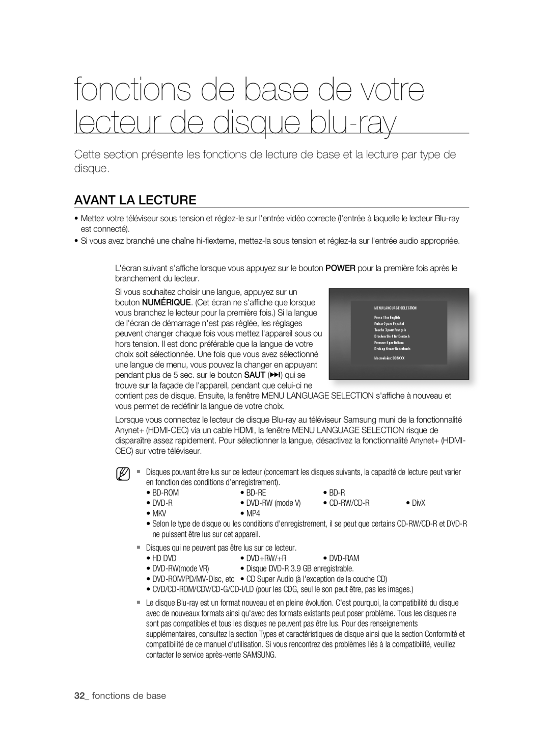 Samsung BD-P1600A/XEF AVAnt LA LeCtURe, Fonctions de base, Pendant plus de 5 sec. sur le bouton SAUt qui se, Cd-Rw/Cd-R 