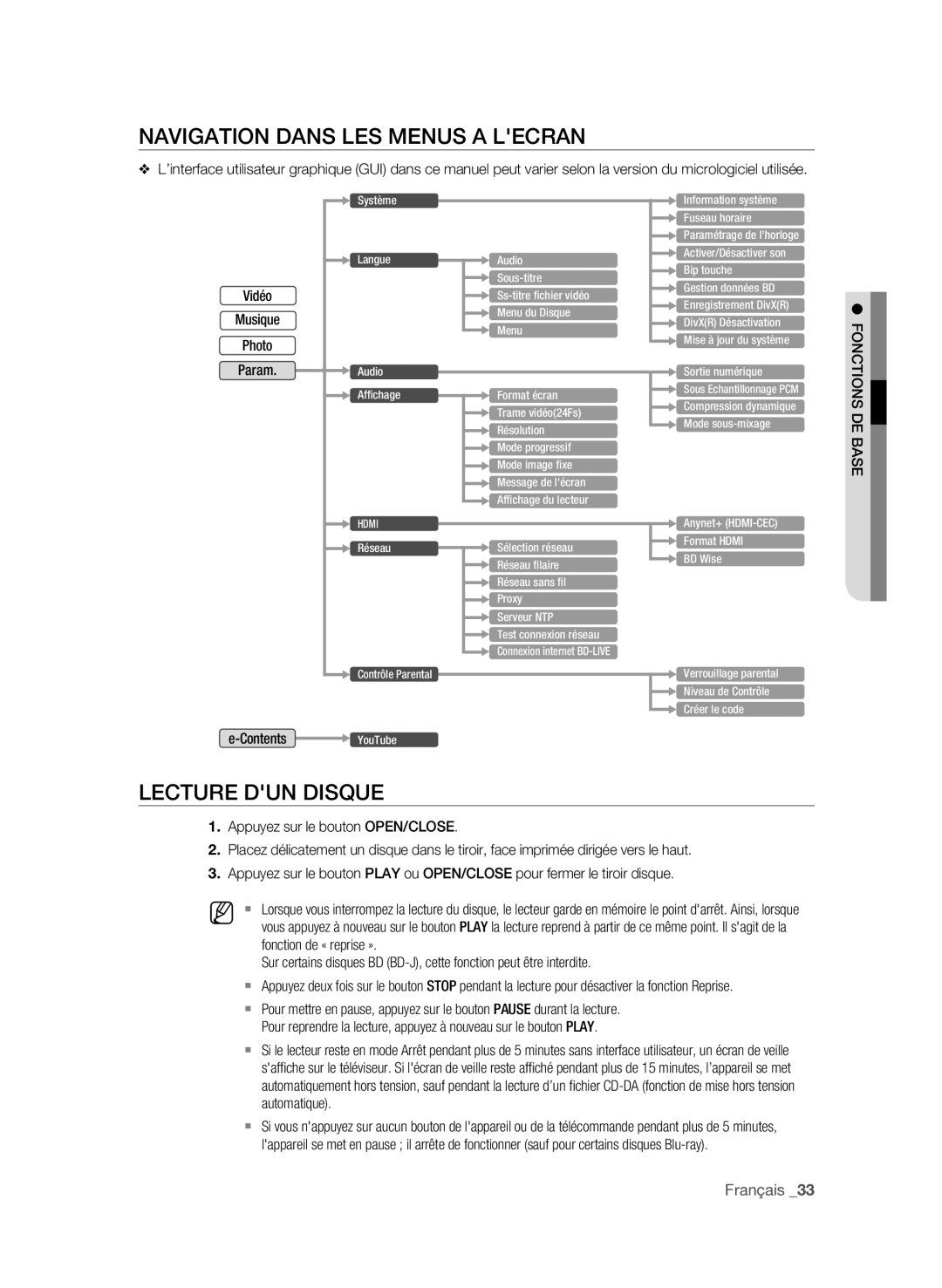 Samsung BD-P1650A/XEF, BD-P1600A/XEF manual Navigation Dans LES Menus a Lecran, Lecture DUN Disque 