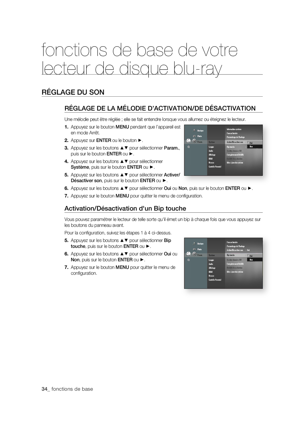 Samsung BD-P1600A/XEF manual RégLAge DU Son, RégLAge De LA MéLoDie D’ACtiVAtion/De DéSACtiVAtion,  fonctions de base 