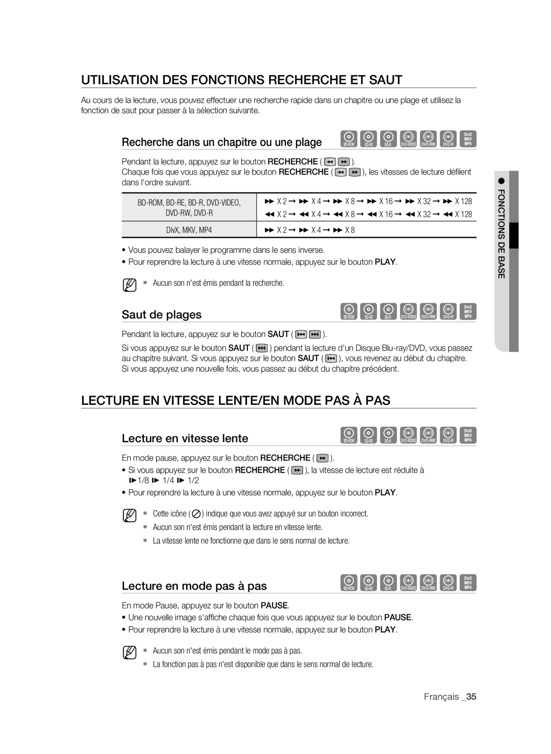 Samsung BD-P1650A/XEF manual Utilisation DES Fonctions Recherche ET Saut, Lecture EN Vitesse LENTE/EN Mode PAS À PAS 