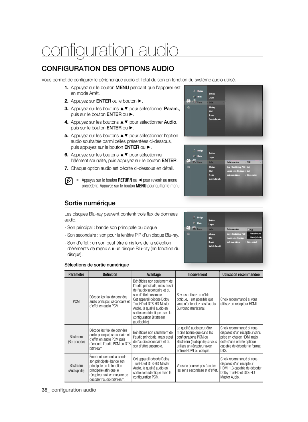 Samsung BD-P1600A/XEF manual Conﬁ guration audio, ConfigURAtion DeS oPtionS AUDio, Sortie numérique,  confi guration audio 