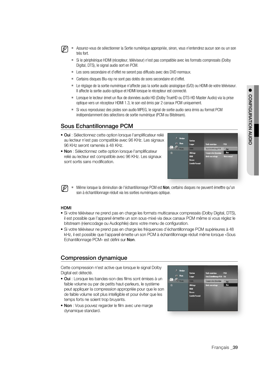 Samsung BD-P1650A/XEF Sous echantillonnage PCM, Compression dynamique, KHz seront ramenés à 48 KHz, Digital est détecté 