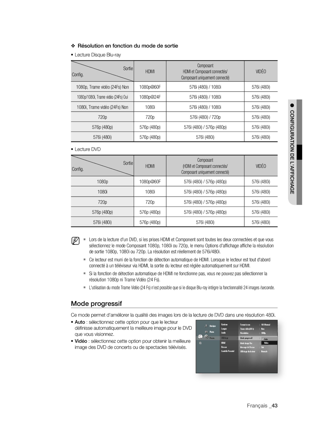 Samsung BD-P1650A/XEF, BD-P1600A/XEF manual Résolution en fonction du mode de sortie, Français 3, Que vous visionnez 